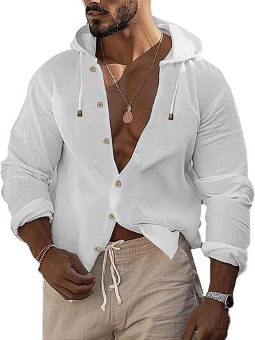 Mens Linen Shirts Casual Button Down Shirts Long Sleeve Roll-Up Sleeve Summer Beach Shirts Tops with Hood in Saudi Arabia