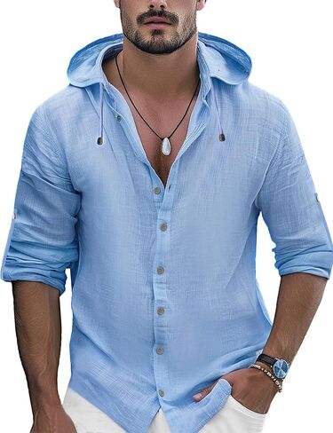 Mens Linen Shirts Casual Button Down Shirts Long Sleeve Roll-Up Sleeve Summer Beach Shirts Tops with Hood in Saudi Arabia