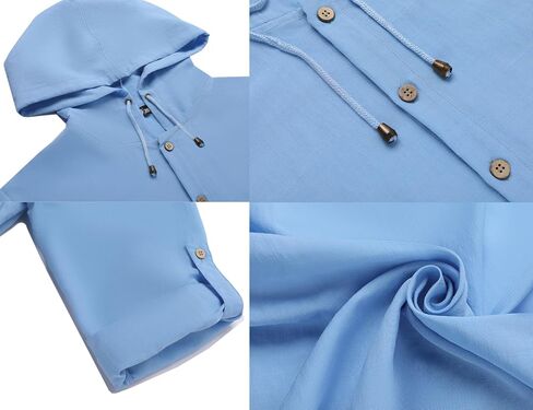 Mens Linen Shirts Casual Button Down Shirts Long Sleeve Roll-Up Sleeve Summer Beach Shirts Tops with Hood in Saudi Arabia