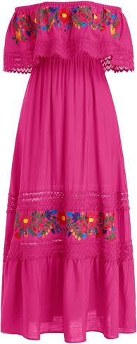 Women Mexican Dress Traditional Off Shoulder Embroidered Present Casual Sexy Lace Long Maxi Dress Cinco de Mayo Outfit in Saudi Arabia