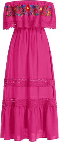 Women Mexican Dress Traditional Off Shoulder Embroidered Present Casual Sexy Lace Long Maxi Dress Cinco de Mayo Outfit in Saudi Arabia