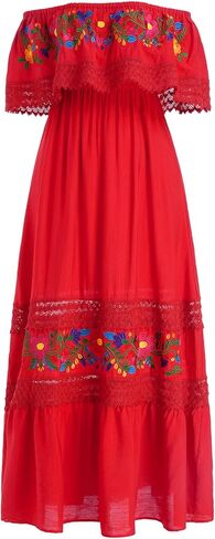 Women Mexican Dress Traditional Off Shoulder Embroidered Present Casual Sexy Lace Long Maxi Dress Cinco de Mayo Outfit in Saudi Arabia