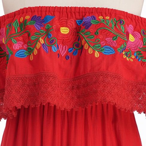 Women Mexican Dress Traditional Off Shoulder Embroidered Present Casual Sexy Lace Long Maxi Dress Cinco de Mayo Outfit in Saudi Arabia