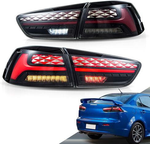 مصابيح خلفية LED من VLAND متوافقة مع Mitsubishi Lancer & EVO X 2008-2020 (غير مناسبة للرياضات/Fortis/io) مع إشارة انعطاف متسلسلة كهرمانية، مجموعة مصابيح خلفية LED كاملة دخان/ملون in Kuwait