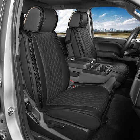 BlingStitch™ Car Seat Covers for Front Seats - Luxurious Black Vegan Leather Seat Covers for Cars with Black Bling Crystals, Premium Automotive Seat Covers for SUV, Trucks, Car Bling Luxury in Saudi Arabia
