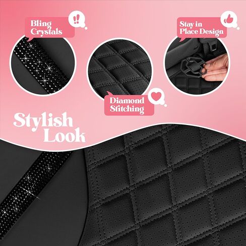 BlingStitch™ Car Seat Covers for Front Seats - Luxurious Black Vegan Leather Seat Covers for Cars with Black Bling Crystals, Premium Automotive Seat Covers for SUV, Trucks, Car Bling Luxury in Saudi Arabia