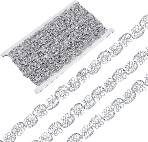 GORGECRAFT 14.8Yds شريط دانتيل مضفر معدني 1/2 بوصة غزل فضي Gimp مزين بوليستر مسطح شريط حافة منحنى حافة البندقية حرفة الخياطة زخارف الملابس الدانتيل لزي الزفاف الزفاف in Kuwait