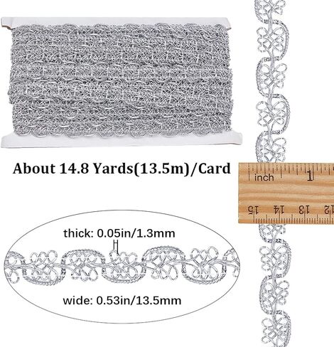 GORGECRAFT 14.8Yds شريط دانتيل مضفر معدني 1/2 بوصة غزل فضي Gimp مزين بوليستر مسطح شريط حافة منحنى حافة البندقية حرفة الخياطة زخارف الملابس الدانتيل لزي الزفاف الزفاف in Kuwait