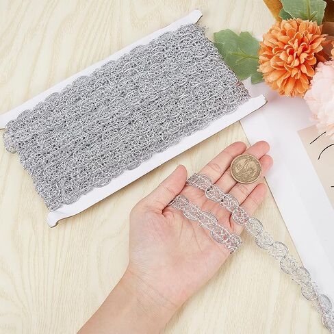 GORGECRAFT 14.8Yds شريط دانتيل مضفر معدني 1/2 بوصة غزل فضي Gimp مزين بوليستر مسطح شريط حافة منحنى حافة البندقية حرفة الخياطة زخارف الملابس الدانتيل لزي الزفاف الزفاف in Kuwait