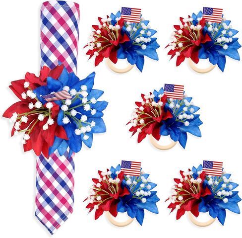4th of July Napkin Rings Set of 6 Patriotic Napkin Rings Holders Blue Red Flowers Independence Day Serviette Rings for 4th of July Memorial Day Dining Table Decor in Kuwait