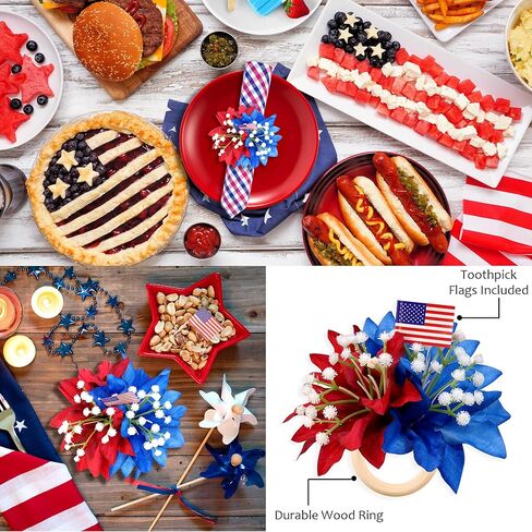 4th of July Napkin Rings Set of 6 Patriotic Napkin Rings Holders Blue Red Flowers Independence Day Serviette Rings for 4th of July Memorial Day Dining Table Decor in Kuwait