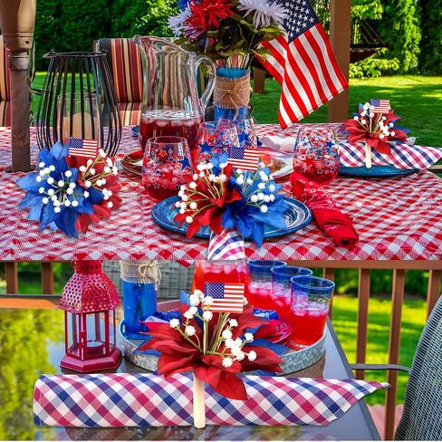 4th of July Napkin Rings Set of 6 Patriotic Napkin Rings Holders Blue Red Flowers Independence Day Serviette Rings for 4th of July Memorial Day Dining Table Decor in Kuwait
