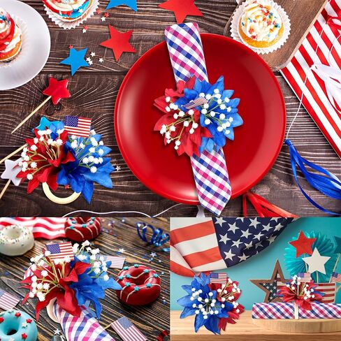 4th of July Napkin Rings Set of 6 Patriotic Napkin Rings Holders Blue Red Flowers Independence Day Serviette Rings for 4th of July Memorial Day Dining Table Decor in Kuwait