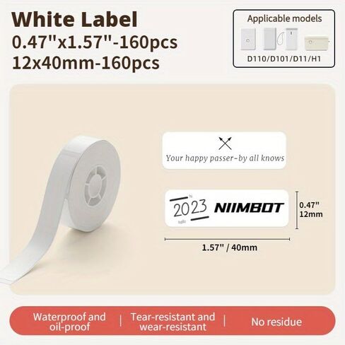 شريط ملصقات 6 لفات لصانع الملصقات NIIMBOT D11 D110 D101 أبيض 12x40 مم مقاوم للماء، ذاتي اللصق، استبدال شريط الملصقات المنزلي والمكتب. in Saudi Arabia