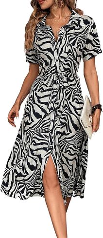 BROVAVE Women's 2024 Summer Short Sleeve Shirt Dress Tie Waist Button Down Animals Texture Casual Midi Dress in Saudi Arabia