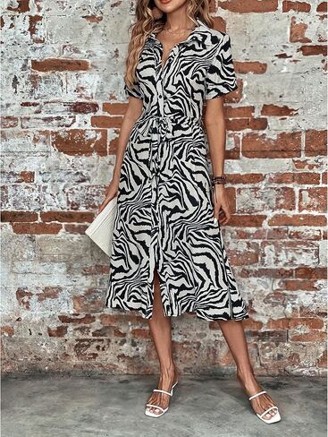 BROVAVE Women's 2024 Summer Short Sleeve Shirt Dress Tie Waist Button Down Animals Texture Casual Midi Dress in Saudi Arabia