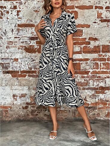 BROVAVE Women's 2024 Summer Short Sleeve Shirt Dress Tie Waist Button Down Animals Texture Casual Midi Dress in Saudi Arabia