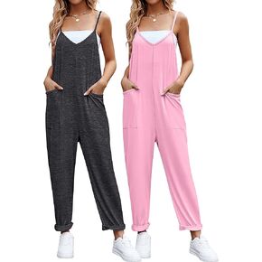 2 Pcs Womens Casual Sleeveless Jumpsuit Loose Adjustable Spaghetti Strap Overall Stretchy Long Pant Romper with Pocket