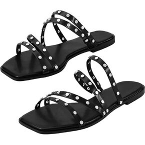 DAYDAYGO Sandals for women - Cute Square Open Toe Dressy Slide Sandal - Comfortable Stylish Flat Sandal Slides Shoes With Striking straps and Soft Memory Foam Insole