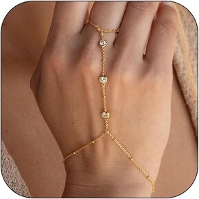 Hand Chain Ring Bracelet for Women Dainty 14k Gold Finger Ring Bracelet Bohemian Slave Bracelet Rhinestone Ring Hand Chain Bracelets Trendy Jewelry Gifts for Teen Girls