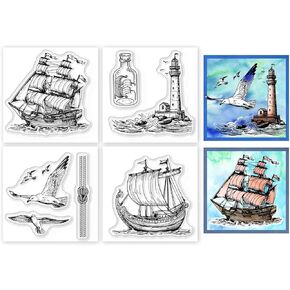GLOBLELAND 4Pcs Sailing Boat Clear Stamps for DIY Scrapbooking Seagull Mini Silicone Clear Stamp Seals 2.2x2.2inch Transparent Stamps for Cards Making Photo Album Journal
