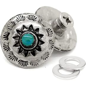 CRAFTMEMORE 2pcs 5/8 Inch Silver Flower Coin Conchos Turquoise Dot Round Shape Metal Castings Decorative Screw Back Button CHS03