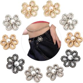 Flower Jeans Button, 10 Sets Pant Waist Tightener, Adjustable Waist Buckle Sets No Sew and No Tools Detachable Decorative Waist Buckles, Jean Buttons Pins for Loose Jeans, Pants, Skirts (No Sew)