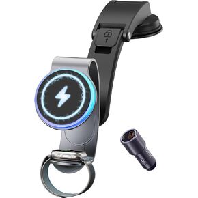Wireless for MagSafe Car Mount Charger - 2 in 1 18W Aluminum Alloy Magnetic Car Charger with 42.5W Car Power Adapter - Dashboard Car Phone Holder Mount for Apple Watch/iPhone 15/14/13/12/Magsafe Case