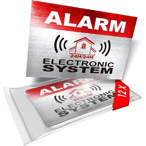 12 x Security Alarm Warning Sign Stickers - Alarm - Electronic System - for Internal and External use - Protection for Home, car... - Weatherproof - Size: 3,4 x 2,2 in