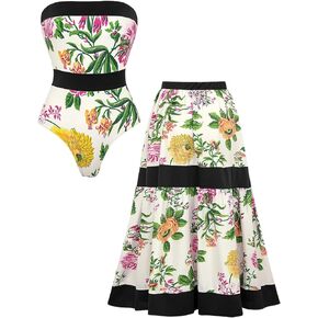 FLAXMAKER Sequin Embroidered Bird One Shoulder Printed and Off Shoulder Back Bow Tie One Piece Swimsuit and Sarong or Skirt