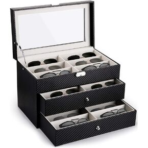 3-layer Sunglasses Storage Organizer with 18 Compartments, Glasses Case for Multiple Glasses, 3 Layers Carbon Fibre Multi Sunglasses, Jewellery Collection Stand, Storage Box for Sunglasses
