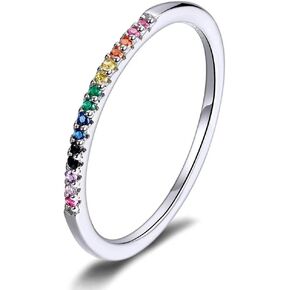 Fashion Rainbow Stackable Ring 925 Sterling Silver Circle Ring Pave Sparking CZ Birthday Gift for Women