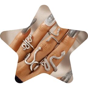 4Pcs Silver Punk Snake Style Stackable Finger Rings for Men Women Gothic Vintage Open Adjustable Rings Set Gift for Snake Lover Reptile Lover