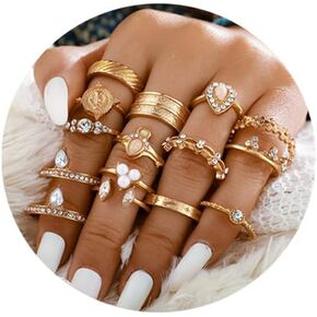 مجموعات خواتم ذهبية قابلة للتكديس للفتيات المراهقات، مجموعة خواتم المفصل البوهيمية لذروة البحر بوصلة فيروزية للنساء والرجال (D-15PCS) in Kuwait