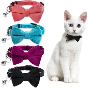 4 Pcs Breakaway Cat Collar with Bell Safety Cat Bow Tie Collar Velvet Pet Collar Adjustable Kitten Collars Small Puppy Collar for Wedding Birthday Party (Black, Purple, Blue, Pink)