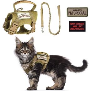 Tactical Cat Harness and Leash Set for Walking Escape Proof Adjustable Large Cat Vest Harness with Patches Soft Mesh Padding Rubber Handle Easy to Control (Khaki Harness & Leash)
