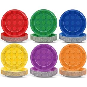 72Pcs Building Block Party Plates Building Blocks Birthday Party Supplies Colorful Dinnerware Building Bricks Paper Plates Disposable Plate for Kids Boys Girls baby shower favors Decorations