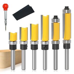 Router Bits Set, Pattern Flush Trim Router Bits & Flush Trim Router Bits, 1/4 Inch Shank, 1/2 Inch Cutting Diameter, Center Punch and Sandpapers Ideal for Woodworking (6PCS Router Bits Set)