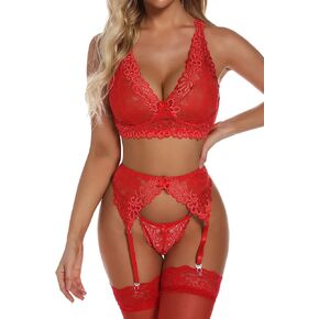 Aranmei Womens Sexy Lingerie Exotic Garter Belt Set Floral Lace Bra and Panty 3 Pieces