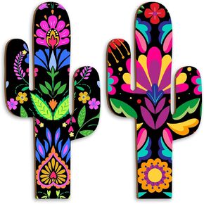 Yousoontic 2 Pieces Mexican Style Cactus Shaped Wooden Signs Farmhouse Wall Decor Rustic Flower Patterns Wood Home Decor for Living Room Bedroom Bathroom Western Decor