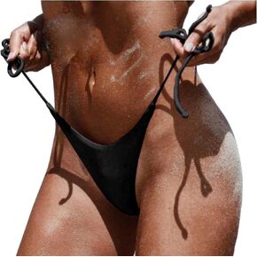 String Thong Bikini Bottoms for Women, Brazilian Cheeky Bikini Bottoms Black Bathing Suit Bottoms for Women