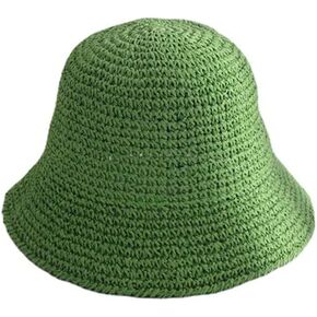 Green Simple Straw Bucket Hat Women Summer Sunshade Hat Beach Vacation Foldable Fisherman Cap