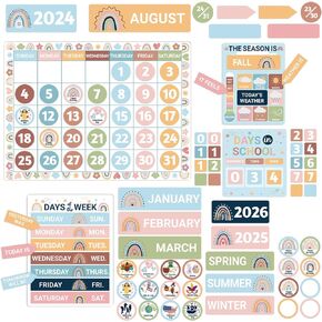 132 Pcs Boho Rainbow Bulletin Boards Calendar for Classroom Wall Décor, with Days of The Week, Days in School, Weather Season Chart, Holiday & Birthday Cards, Back to School Decoration