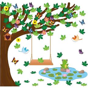 133Pcs Classroom Tree Bulletin Board Decor Spring Summer Trees Cutouts Border Set Woodland Whimsy Chalkboard Decorations with Green Maple Leaves Flowers Butterflies Frog Birds for School Home
