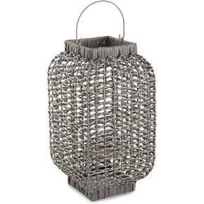Signature Design by Ashley Evonne 17" Indoor/Outdoor Casual Square Faux Rattan Lantern for One 3" Pillar Candle, Light Gray