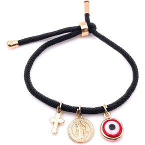 18K Gold Plated Saint Benedict Medal Black String Bracelet Evil Eye & Dainty Cross