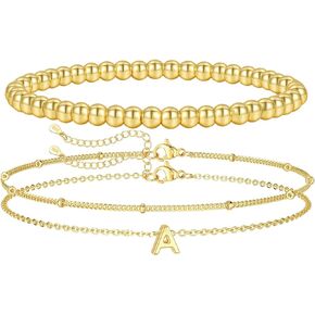 PRETOLE Gold Bracelets for Women,14K Gold Plated Beaded Bracelets Adjustable Stackable Layered Bracelets Waterproof Stretch Gold Chain Bracelet with Letter Pendant Gold Initial Bracelets for Girls