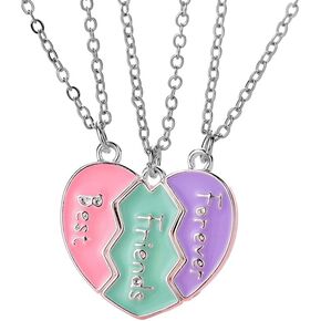 BFF Necklace for 3, Heart Broken Stitching Magnetic Best Friend Pendant for Women Friendship Jewelry Gift