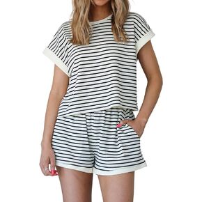 Women 2 Piece Lounge Set Striped Pattern Knit Tops Shorts Matching Set Summer Causal Tracksuit Outfits