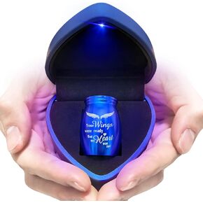 Small Urns for Human Ashes Keepsake, Mini Urn Cremation for Ashes, Little Tiny Baby Infant ERN Earns Holder Container Necklace Loss Memorial Gifts Funeral Urn - Heart Box with Blue Light